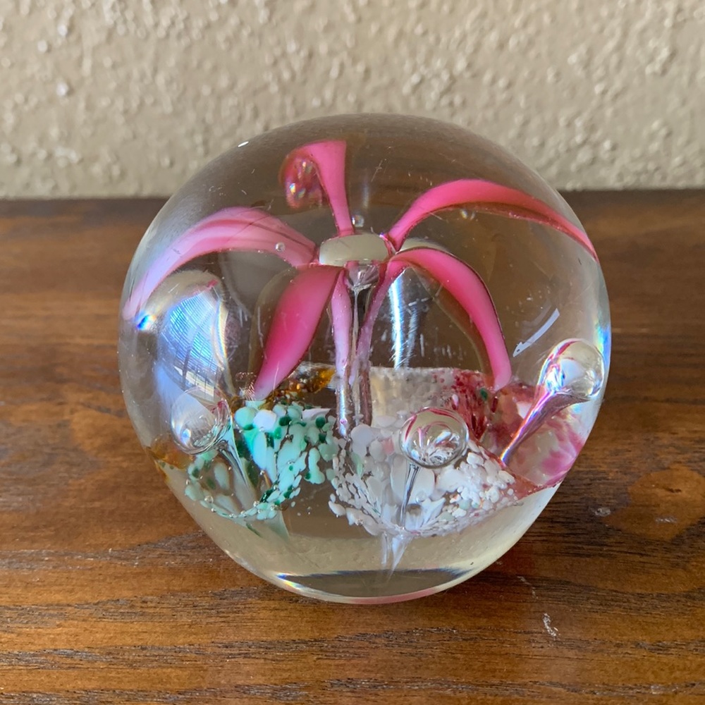Paperweight  Pink Flower Art Glass round Paperweight